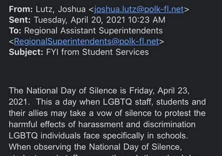 Parents & Conservative Groups Reaction To Email Sent Out By Polk County School Official Regarding The GLSEN Day of Silence Requires PCSB Clarification