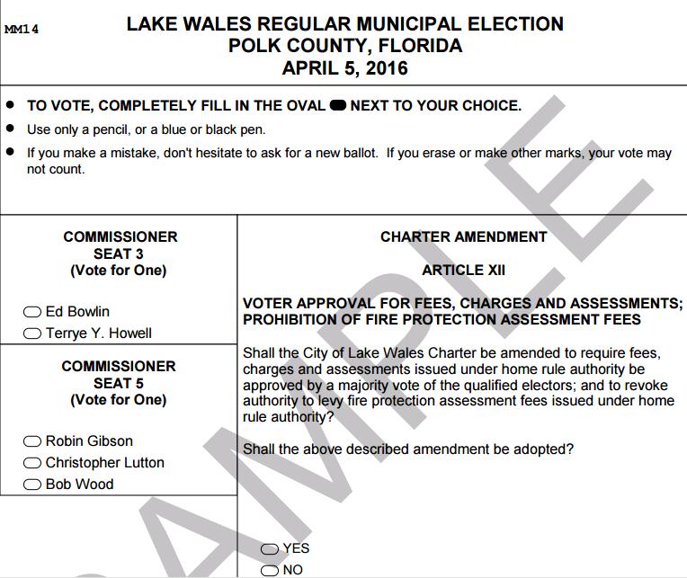 Lake Wales City Elections On Tuesday April 5, 2016 – Sample Ballot