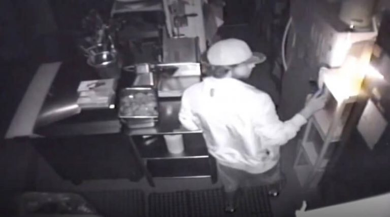 Suspect Caught on Video Surveillance Looting Restaurant After Curfew