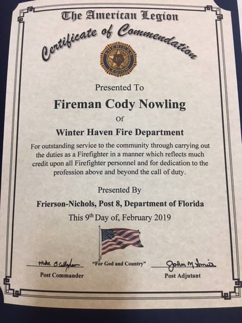 Firefighter of the Year Awarded to Cody Nowling After Rescuing Occupants of Capsized Vessel