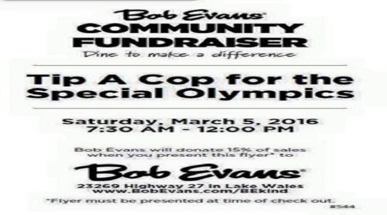 Come join the Lake Wales Police Department at Bob Evans this weekend to help us raise money for Special Olympics Florida athletes
